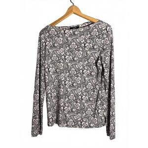 Philippe Adec Women's Black and Cream Patterned Top  Large